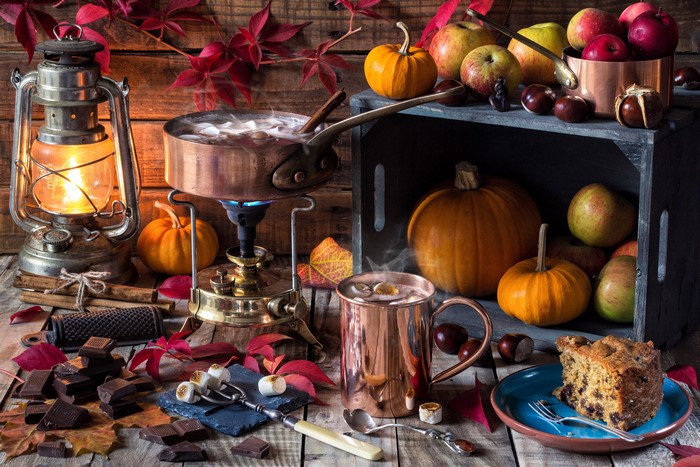 Autumn Still-Life with Hot Drinks and Pumpkins