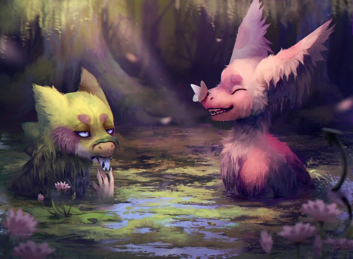 Two magical creatures in a swamp with a butterfly