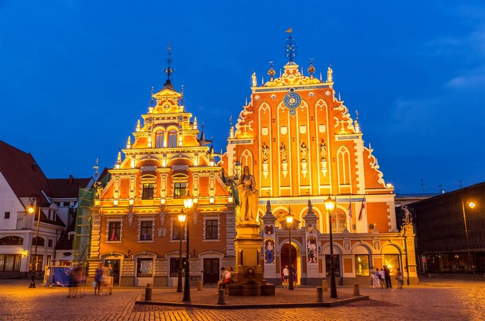 House of the Blackheads and St. Peter's Church in Riga at night