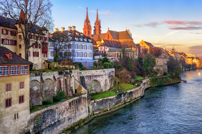 Basel, Switzerland Houses and River at Sunset