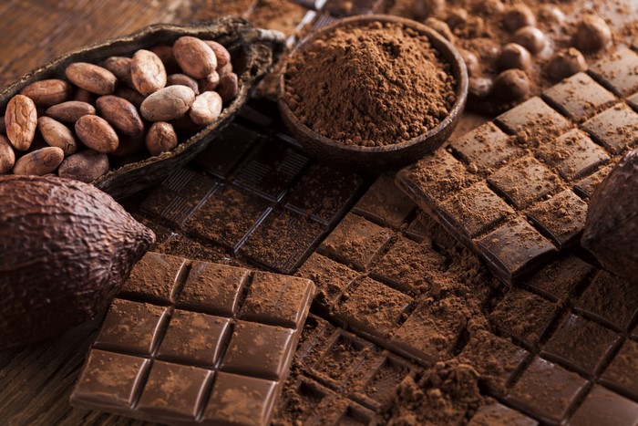 Chocolate bars, cocoa beans, and cocoa powder