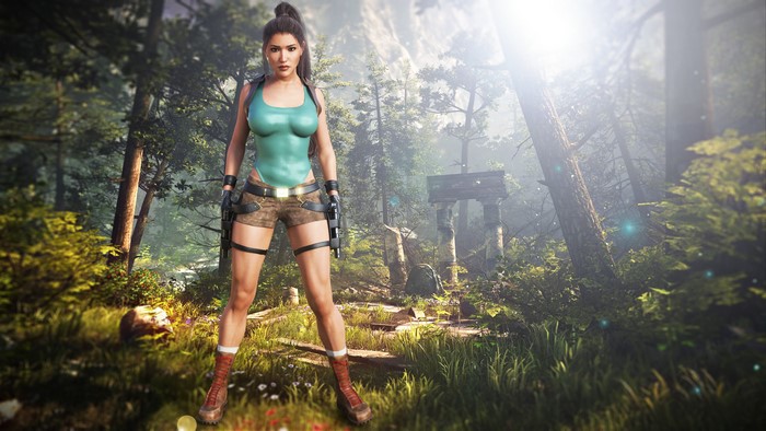Lara Croft from Tomb Raider in a forest