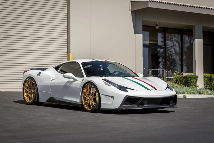 White 2016 Vorsteiner Ferrari 458-VX with racing stripes