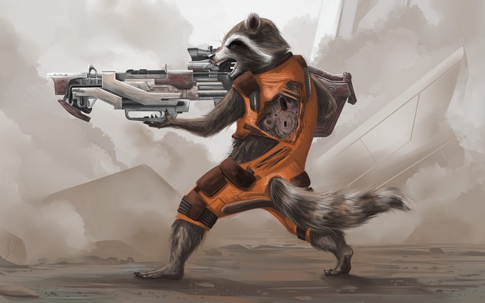 Rocket Raccoon from Guardians of the Galaxy with a rifle