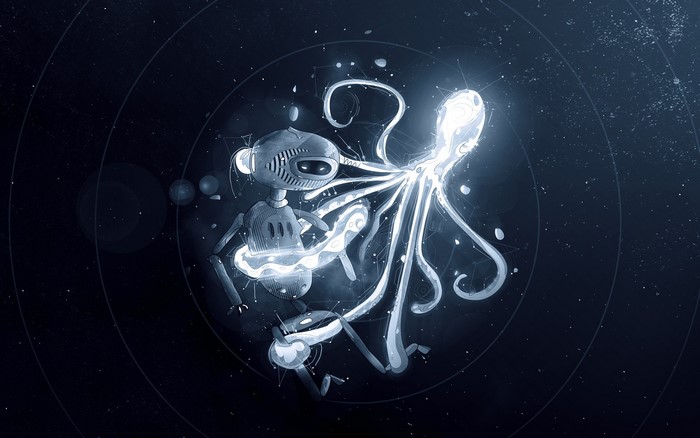 Robot and glowing octopus in space