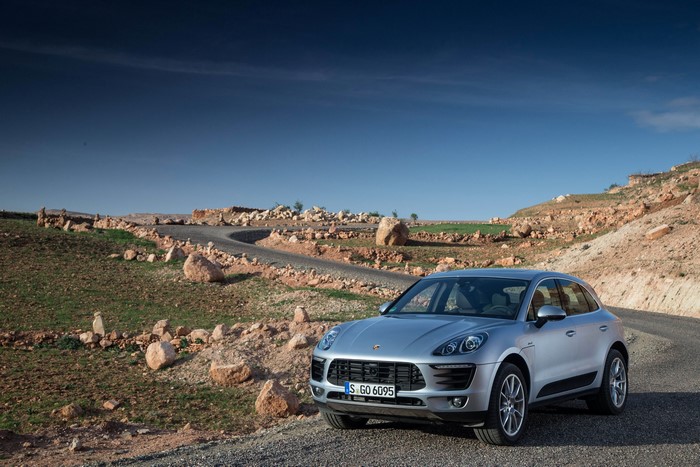 Silver Porsche Macan S Diesel on a winding road