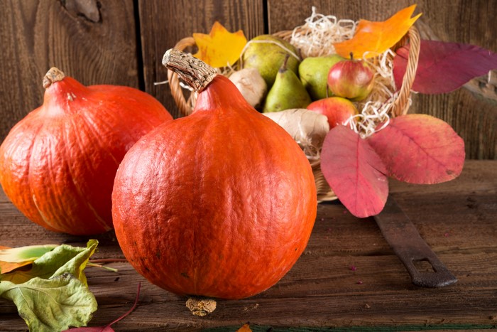 Pumpkins, Pears, and Apples in a Basket