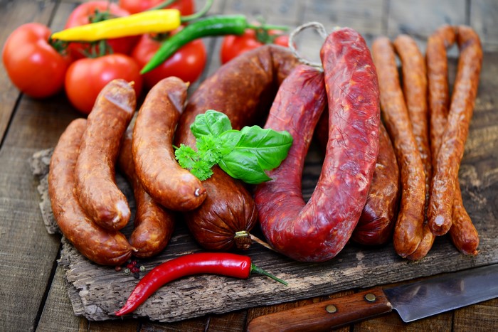 Meat products, Sausage, Bell pepper, Tomatoes