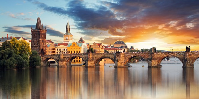 Charles Bridge and Prague Old Town at Sunset