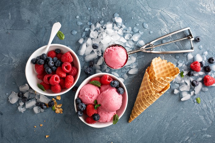 Raspberry and Blueberry Ice Cream with Berries and Waffle Cones