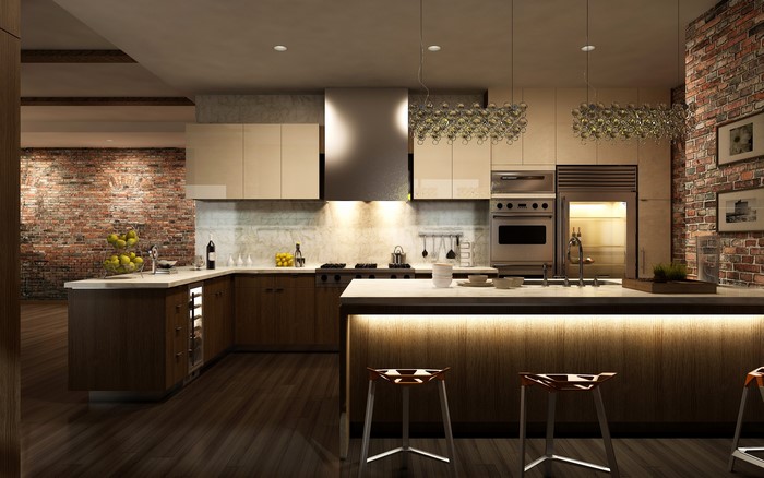 Modern kitchen with brick walls and island