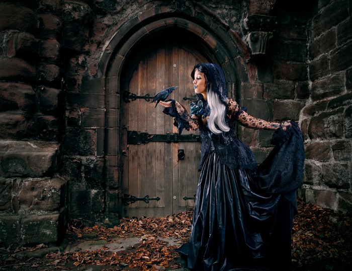 Gothic Fantasy Woman with Crow at Door