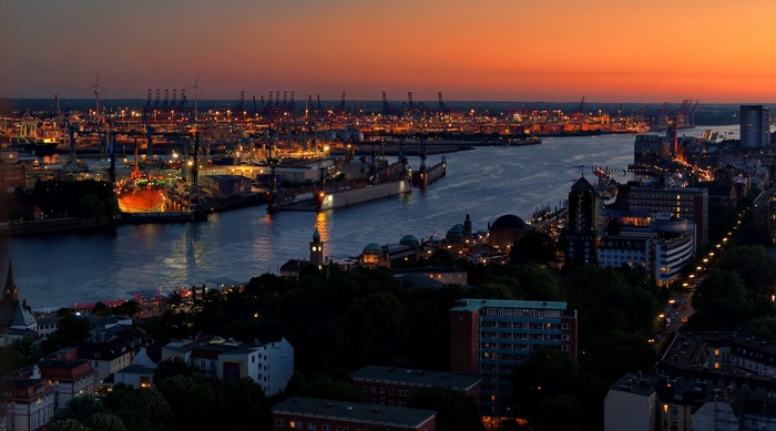 4K Hamburg Germany at Night with Harbor and River