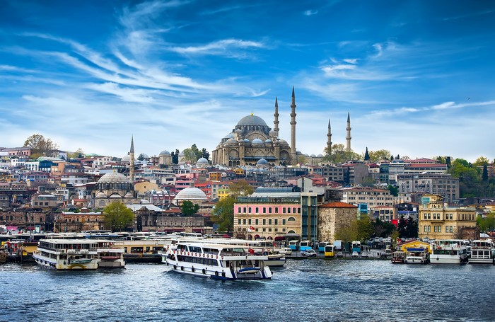 Istanbul cityscape with Suleymaniye Mosque and Bosphorus strait