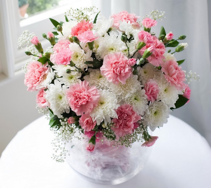 Pink and white carnation and chrysanthemum bouquet