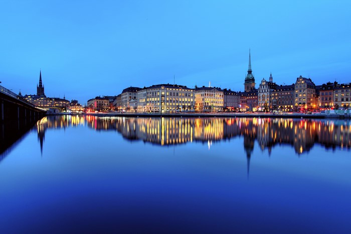 Stockholm cityscape with reflections at dusk