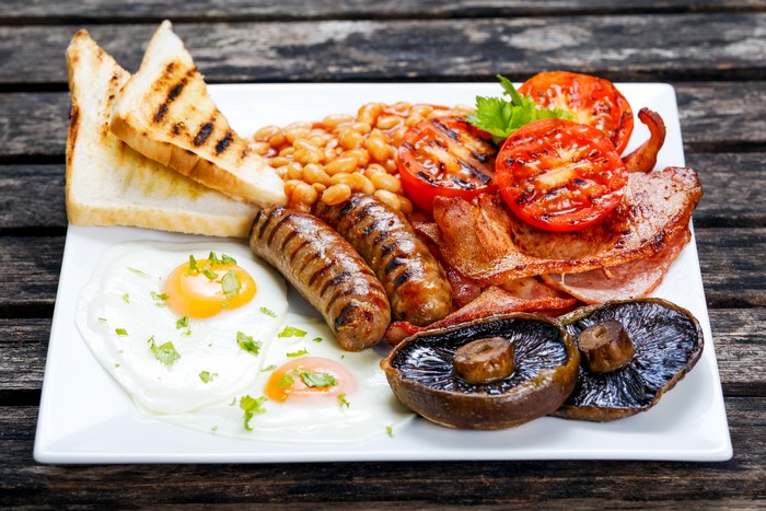 Full English Breakfast with Sausages, Eggs, Bacon, Beans, Tomatoes, Mushrooms, and Toast