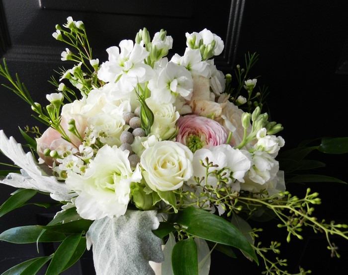 White and pink floral bouquet with dusty miller