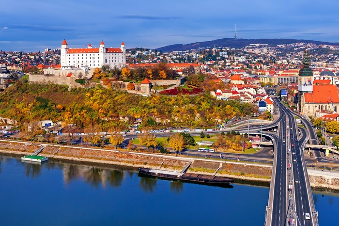 Bratislava Castle and city skyline over the Danube River