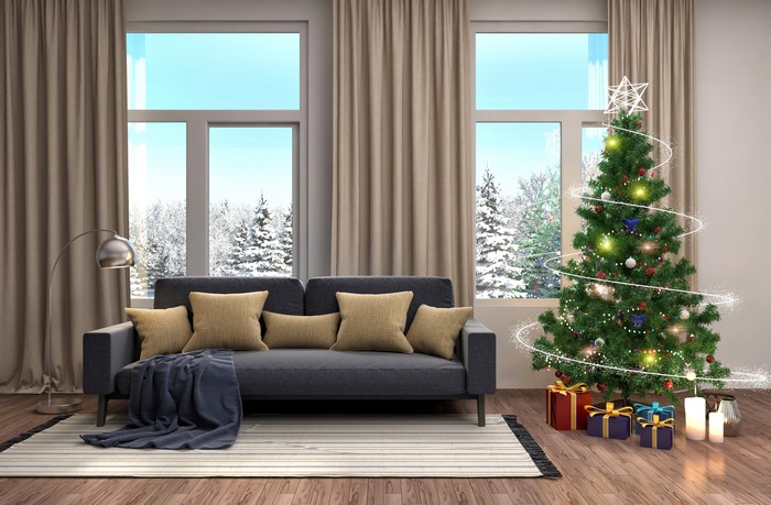 Christmas interior with sofa and tree