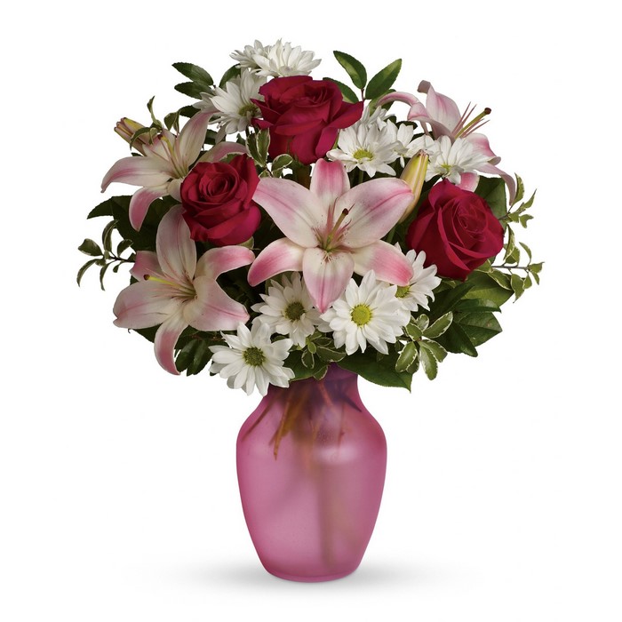 Bouquet of Roses, Lilies, and Chrysanthemums in a Pink Vase