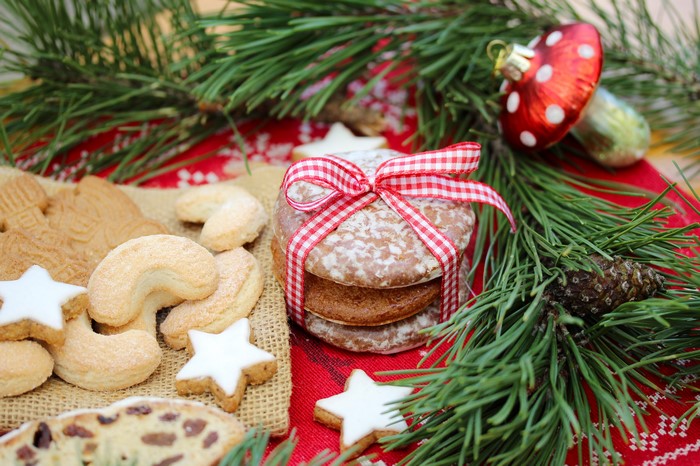 Christmas cookies with pine branches and mushroom ornament