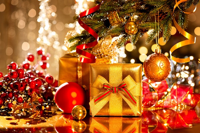 Christmas Gifts and Ornaments with Bokeh Lights