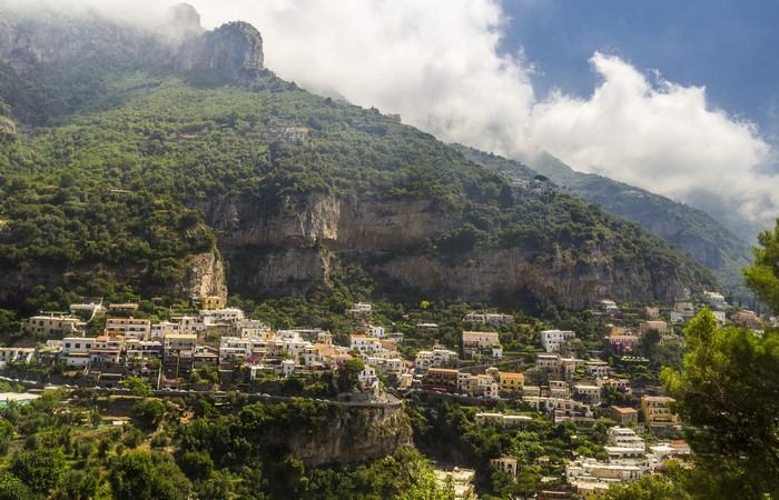 Positano village on a steep mountainside in Italy