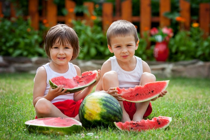 Two boys eating watermelon