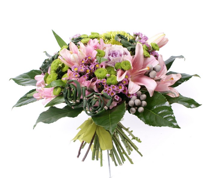 Pink lilies and alstroemeria bouquet with green chrysanthemums