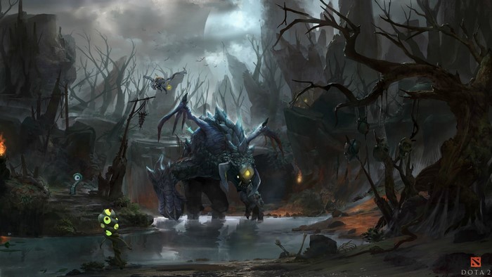 Roshan from DOTA 2 in a dark, swampy environment