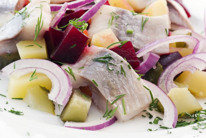 Herring salad with potatoes, beets, and onions