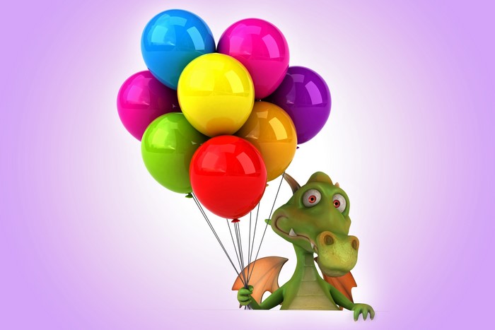 Green dragon holding colorful balloons