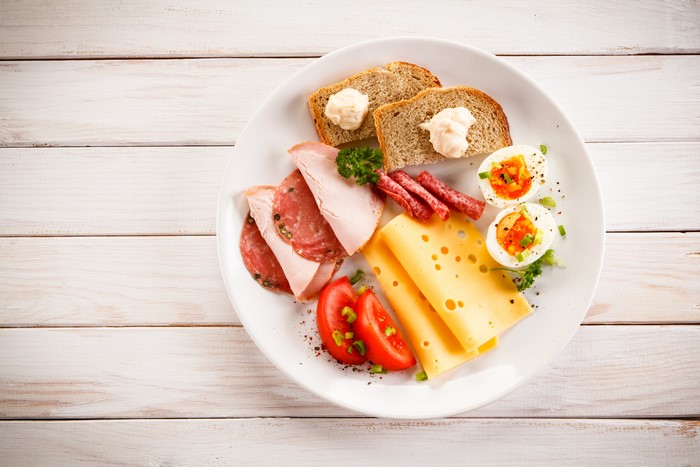Breakfast plate with bread, cheese, eggs, ham, and tomatoes