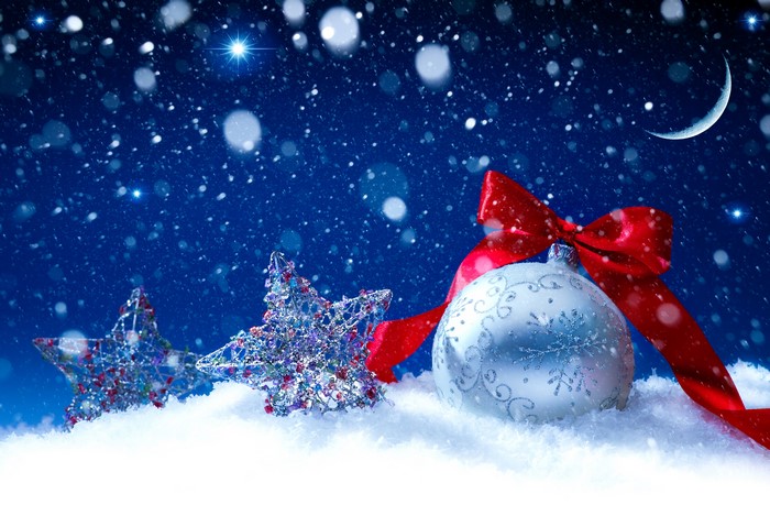 Christmas ornaments with snow and crescent moon