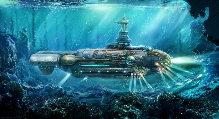 4K Steampunk Nautilus Submarine Underwater Scene