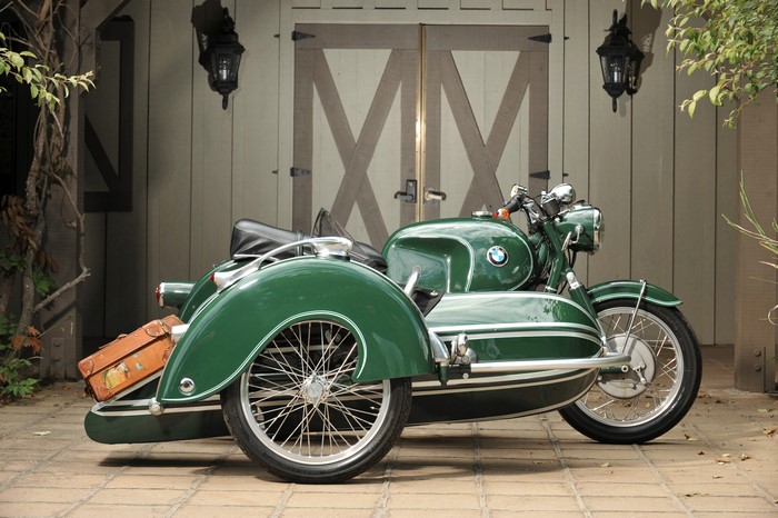Green BMW Motorcycle with Steib Sidecar and Suitcase