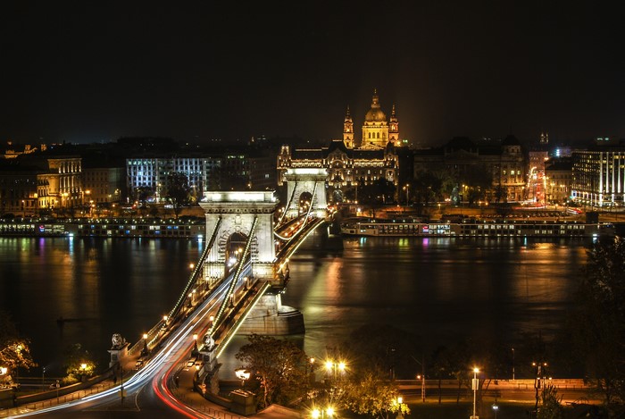Chain Bridge and St. Stephen's Basilica at night in Budapest