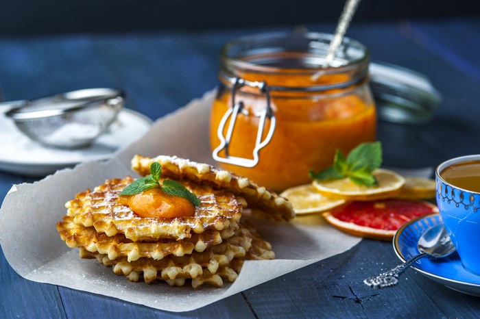 Waffles with jam and tea