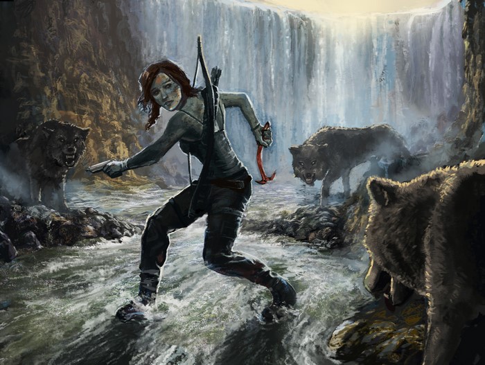 Lara Croft fighting wolves near a waterfall
