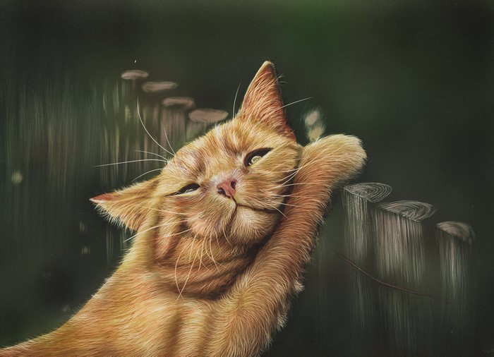 Painting of a ginger cat resting on a fence