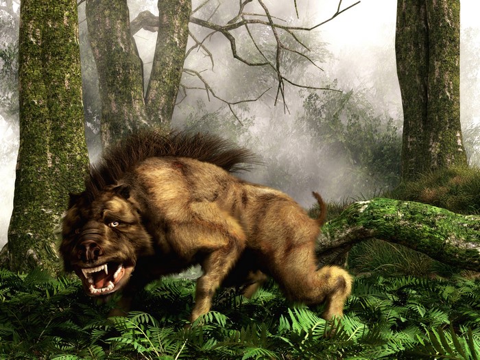Daeodon roaring in a misty forest