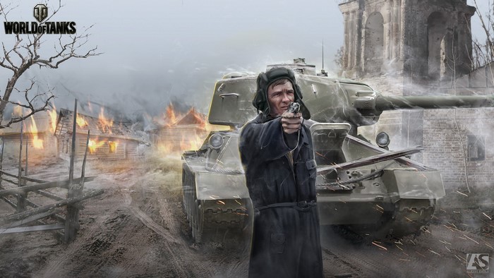 Soldier with pistol and T-34 tank in burning village