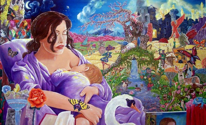 Mother breastfeeding child in a fantastical landscape
