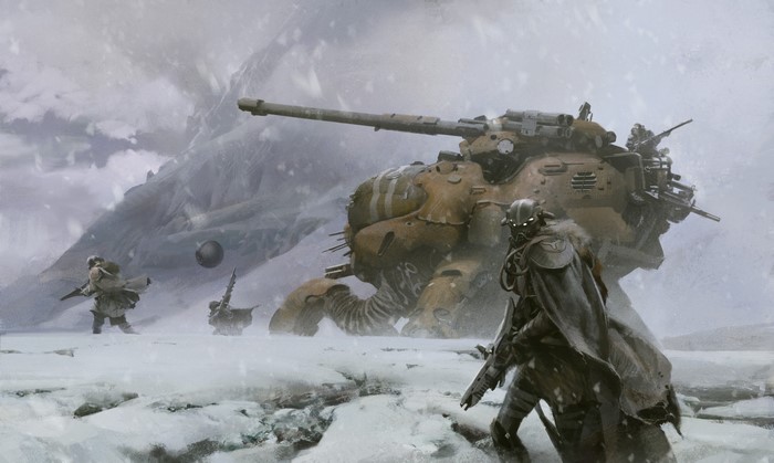 Fallen warriors with a tank in a snowy landscape from Destiny