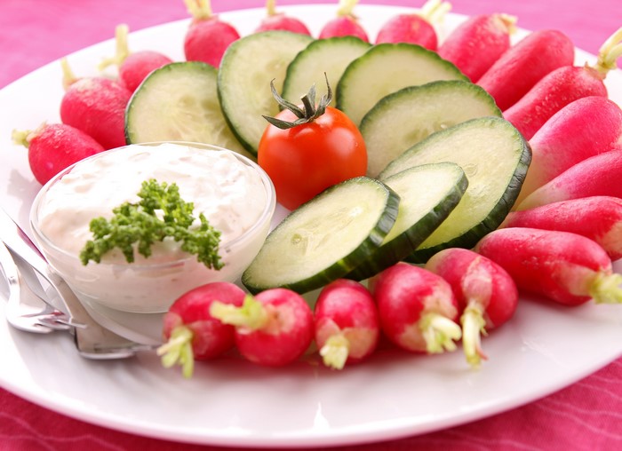 Radishes, Cucumbers, and Dip on a Plate