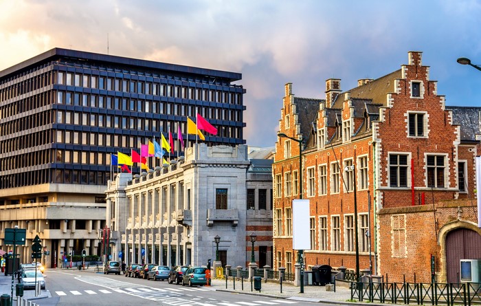 Buildings and flags in Brussels, Belgium