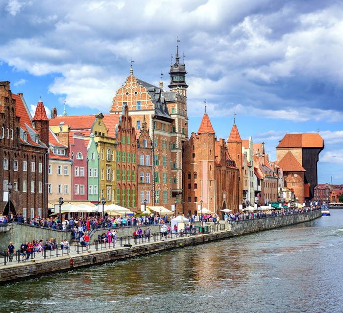 Waterfront buildings and river in Gdansk, Poland