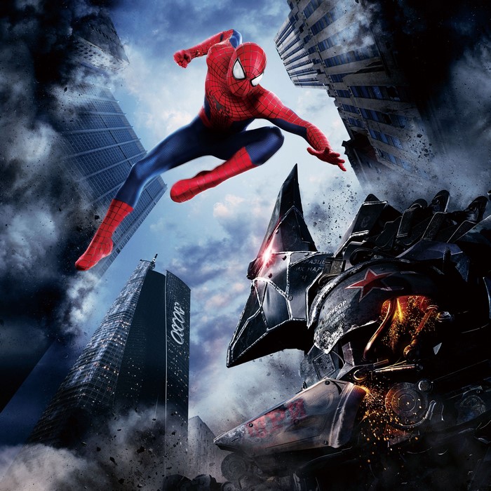 Spider-Man fighting a robot in a city