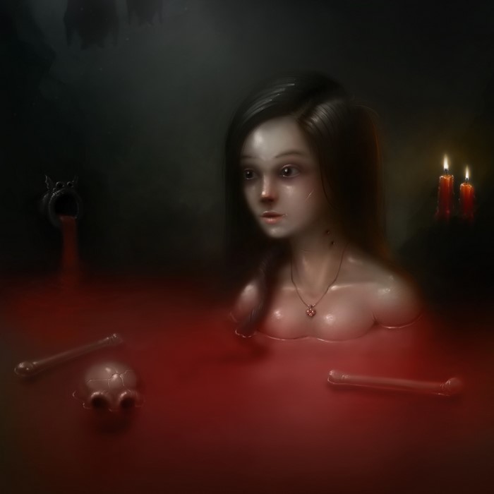 Girl in blood bath with skull and candles